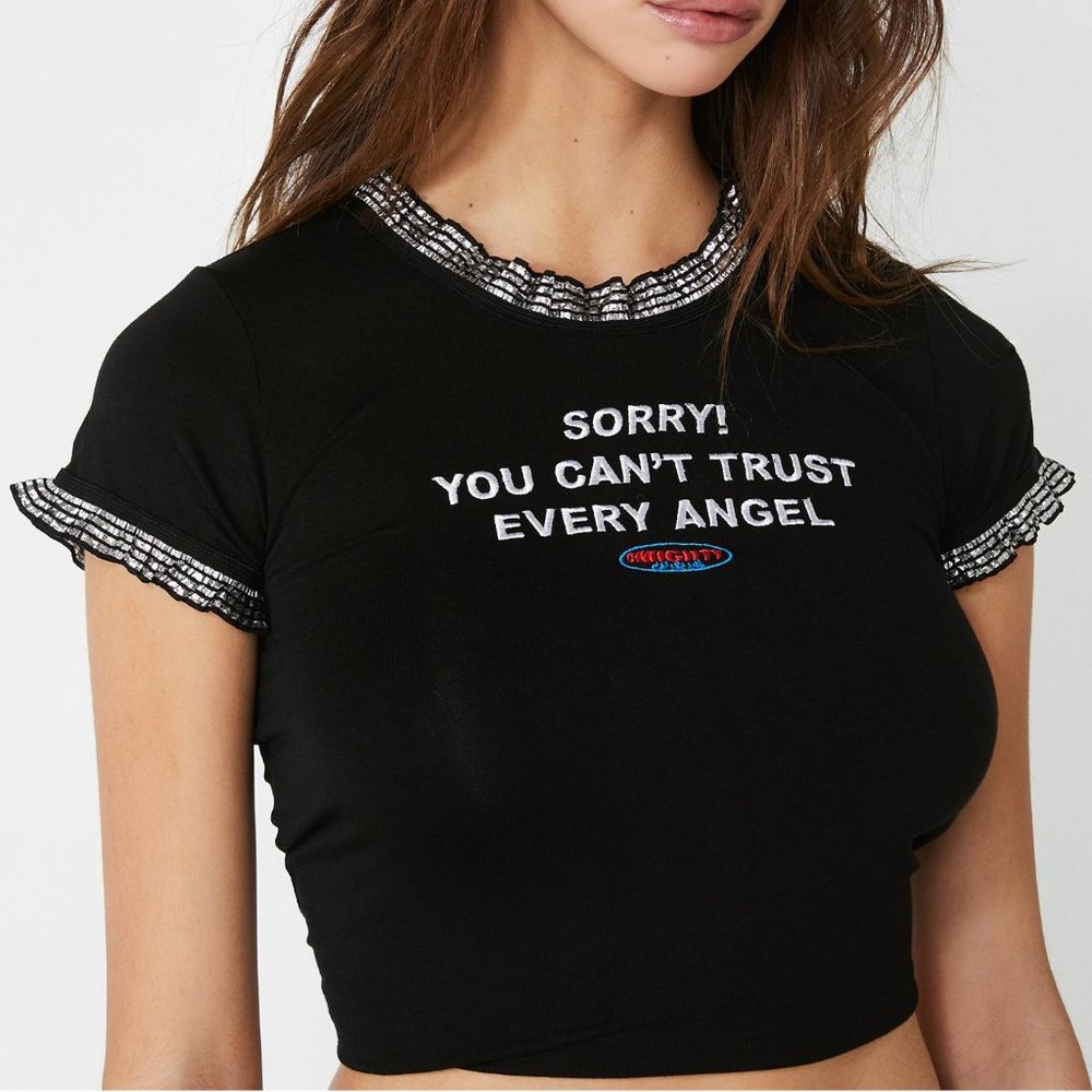 O Mighty Dollskill You Can't Trust Every Angel Graphic Tee Ruffle Sleeve Sz S